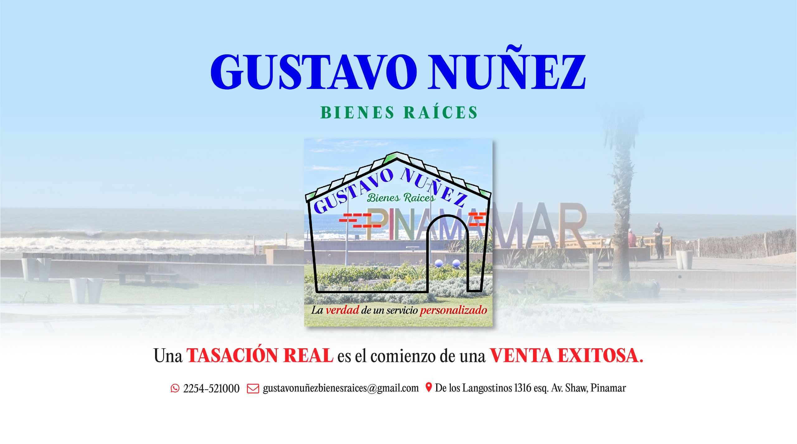 Portada de Gustavo Núñez Bienes Raíces, con una vista de Pinamar y datos de contacto